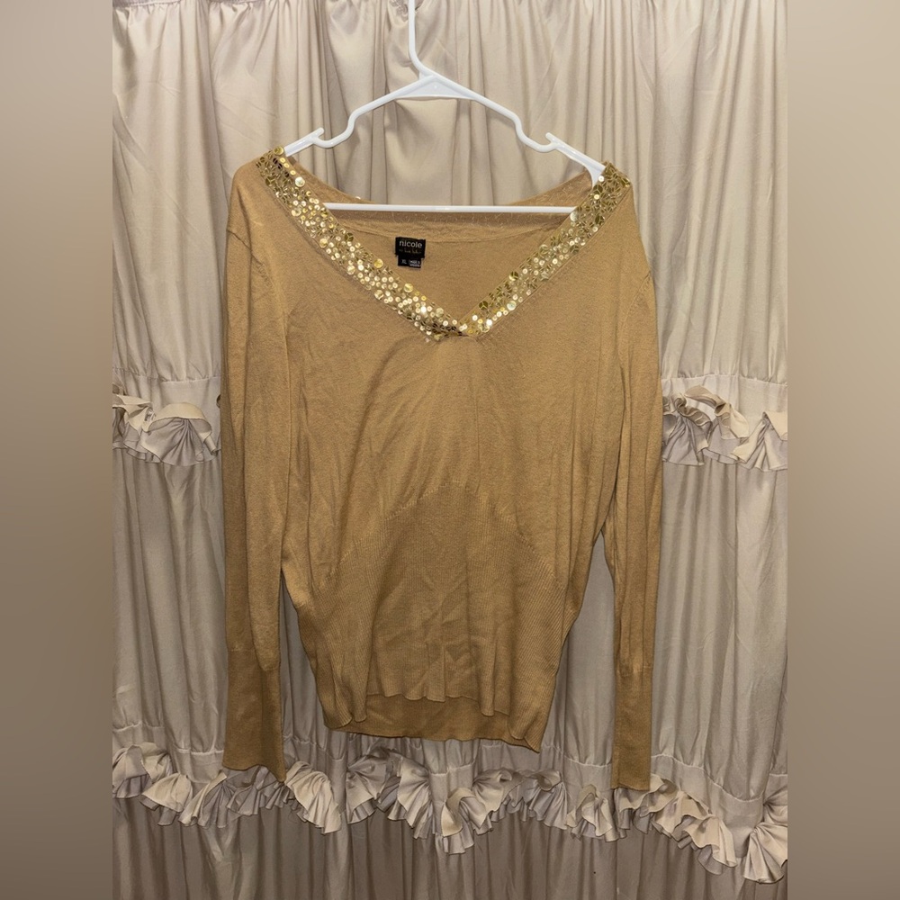 Gold Sequin V-Neck Sweater